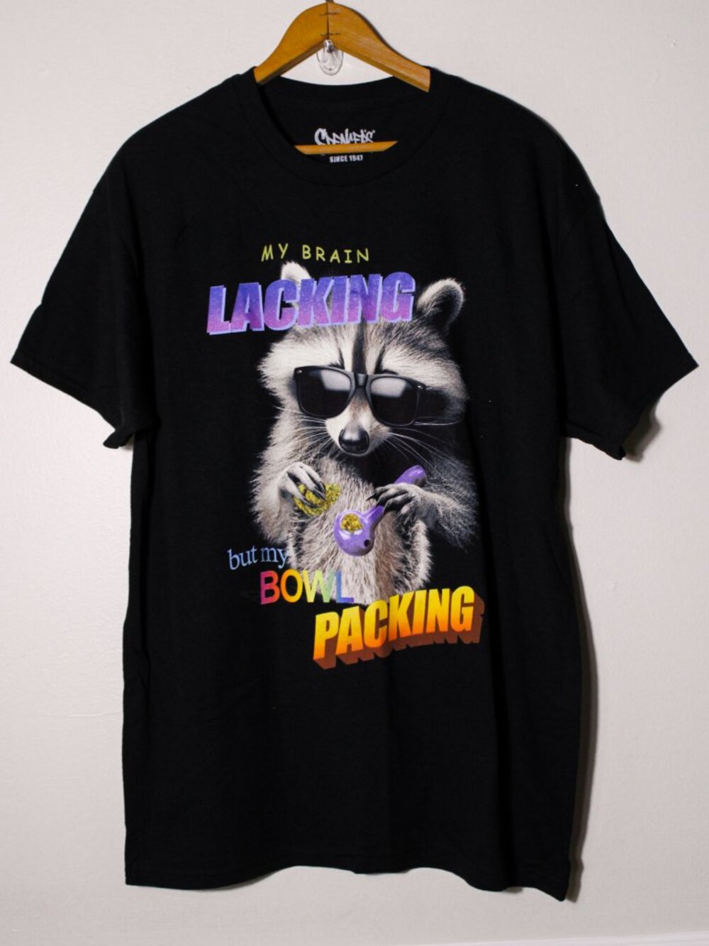 Spencer's Raccoon Weed Bowl Packing Humor Funny Graphic Tee Black Size L